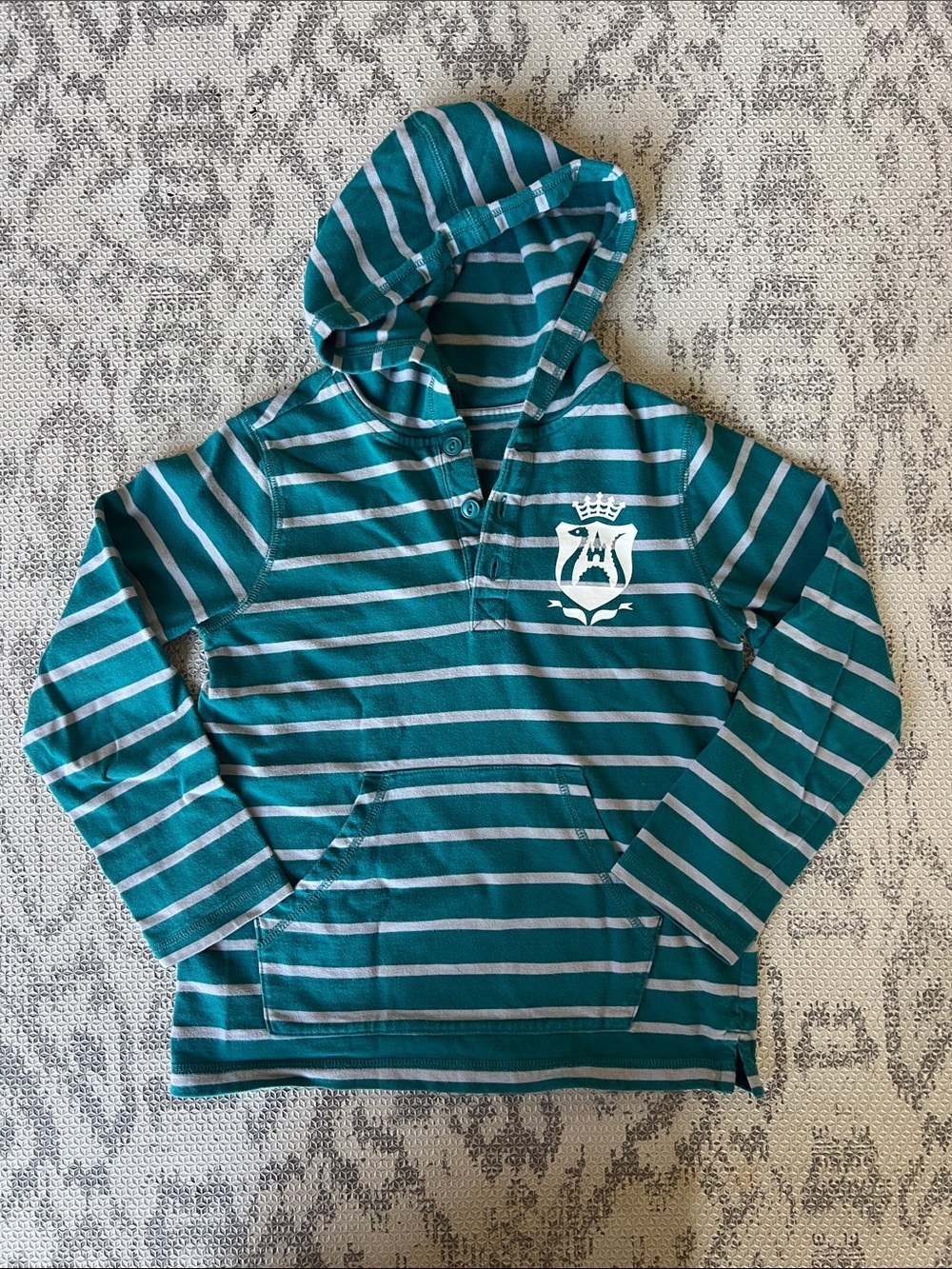 Tea Collection Teal and White Striped Hooded Pullover with Crest